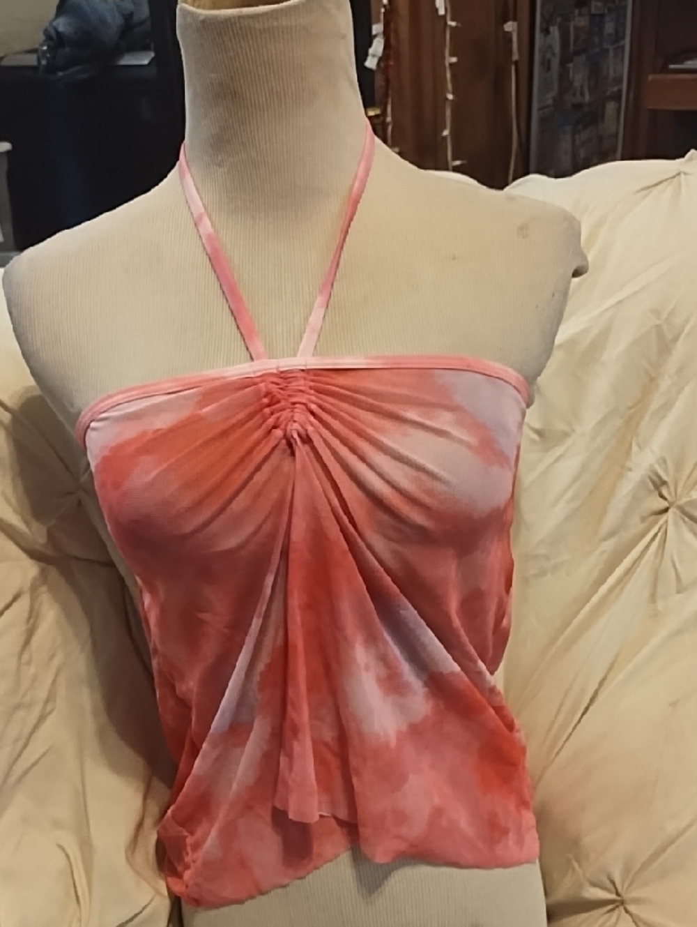 No Label  Pink Tie-Dye Halter Ruched Tank Top